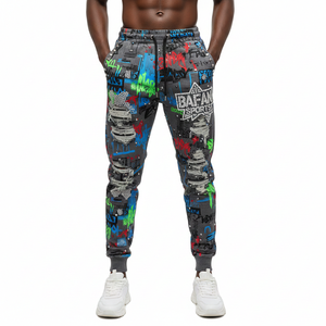 Pantalones Jogger de Algodón Premium para Hombre, Estampado de Grafiti, Paneles en las Rodillas Desgastados, Logotipo Personalizado, Estilo Termoadhesivo, Lavado - Product Image 1