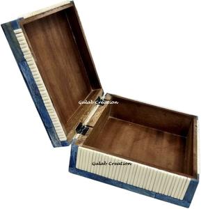 Boîte à bijoux carrée de luxe artisanale à charnières, avec incrustation de os complexe, polie, classique, élégante, vintage, pour table - Product Image 5