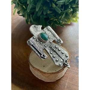 Navajo Kingman Turquoise & Sterling Silver Thunderbird <b>Statement</b> <b>Ring</b> Bezel Setting Everyday Wear Geometric Pattern Size 11.25 - Product Image 3