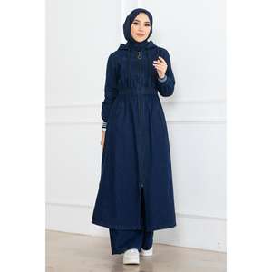 Ensemble décontracté 2 pièces pour femme, bleu foncé, taille 3XL, avec short en jean 100 % coton, col rond élastique et capuche, longueur midi - Product Image 1