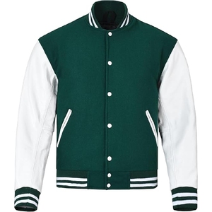 <b>Men</b> Classic Forest Green and <b>White</b> Varsity <b>Jacket</b> Authentic Athletic Letterman Bomber with Contrast Sleeves - Product Image 1