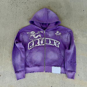 Sweats à capuche unisexes avec fermeture éclair ornée de strass, broderie personnalisée sur tissu et logo imprimé à l'écran, sweats à capuche délavés au soleil pour l'hiver. - Product Image 1