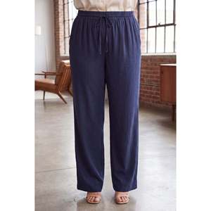 Plus Size <b>Linen</b> <b>Trousers</b> with Elastic Waistband and Drawstring, <b>Navy</b> Blue - Product Image 1