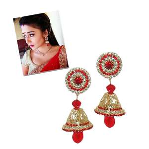 Kriaa Gold-Plated Jhumki <b>Earrings</b> with <b>Red</b> Austrian Stone Elegant Fine Cuff Jewelry - Product Image 1