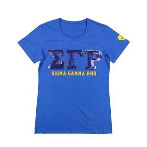 Sigma Gamma Rho SGRho Sequin Patch Tee Royal Blue Greek <b>Letters</b> Embroidered Sorority Apparel <b>Gold</b> Trim Greek Life T Shirt - Product Image 1