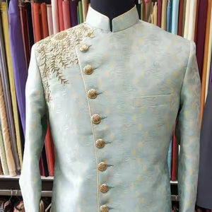 2024 Stylish Brocade Silk Sherwani with Embroidery Plus Size Pant Matching <b>Shoe</b> Embellished with Crystal Glass Beads Dabka <b>Work</b> - Product Image 1