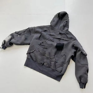 Sudadera con capucha de invierno de talla grande, gruesa, con cremallera, personalizada, con lavado ácido desgastado, oversize, 100% algodón, con pedrería, de corte regular, bordada - Product Image 4