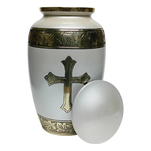 Urne funéraire blanche et dorée avec croix Urne funéraire adulte pour cendres humaines Urne commémorative religieuse avec motif de feuille gravé - Product Image 2