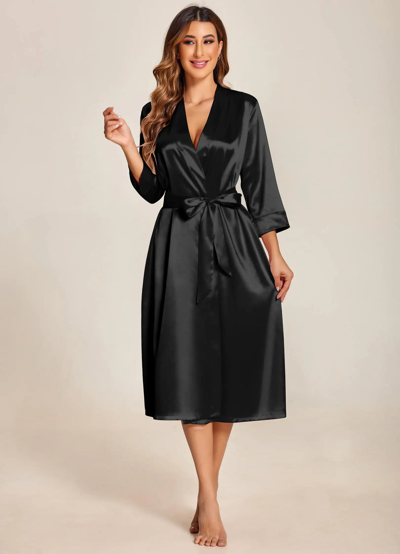 Dropshipping pijamas das mulheres Nupcial Partido Robes Cetim Roupão Ruffle Hem Vestido de Vestir com bolso