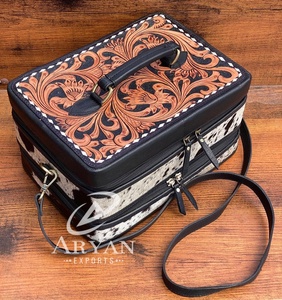 Trendy Luxury Designer Customizable Hand Tooled Leather Double Decker Jewelry Case Cowhide Crossbody Strap Travel Jewelry Box - Product Image 1