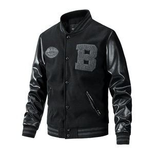 New Arrival Men's Baseball Jacket Autumn Winter Sheep Skin <b>Leather</b> Sleeve Bomber Jackets Thin Cotton <b>Coats</b> <b>with</b> Canvas Fabric - Product Image 5