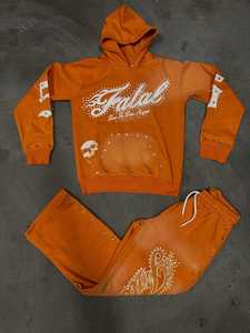 Fabricant Personnalisé Cropped Distressed Zip up Sweatsuit Rhinestone Streetwear Survêtement Baggy Flared Sweatpants and Hoodie Sets - Product Image 3