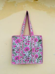 Handmade Cotton Women's Tote Bag Indian Block Printed Quilted Shoulder Bag with Zipper Closure and Beautiful Flowers for Summer - Product Image 2