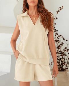 Vente en gros Ensemble de vêtements de sport 2 pièces pour femmes chemise ample de couleur unie sans manches et pantalons courts Nouvel été décontracté - Product Image 6