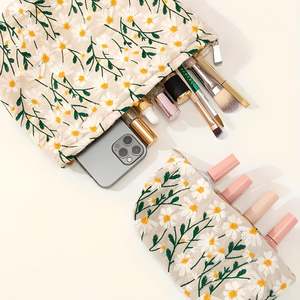 Andrea Lady Fashion Makeup <b>Bag</b> Large Capacity Water Resistant Zipper Closure Portable Canvas Flower Embroidery for Outdoor Use - Product Image 4