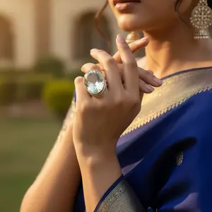 Bague en argent 925 faite à la main de style bohème pour femmes, quartz blanc, coupe ovale, topaze avec motif géométrique, plaqué rhodium, bijoux de déclaration - Product Image 2