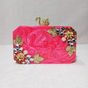 Embrague de caja de resina de lujo para fiestas nupciales de boda con embrague de lujo de moda hecho por resina y Piedra Rosa metálico y color personalizado - Product Image 1