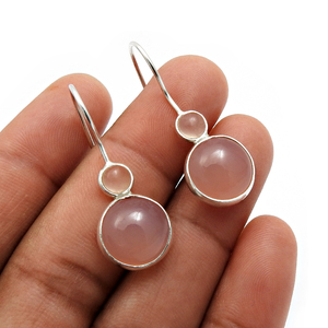 Top Selling Product 925 Sterling Silver Natural <b>Rose</b> <b>Quartz</b> Gemstone Round Shape Dangle <b>Earrings</b> for Her Handmade Jewelry India - Product Image 2