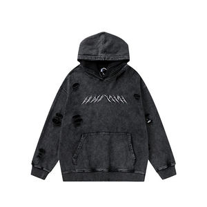 Sudadera con capucha desgastada hecha a medida de calidad superior para hombre Venta caliente Ropa de calle Patrón sólido Sudadera con capucha desgastada para hombre - Product Image 1