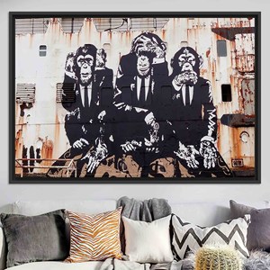 Banksy Three Wise Monkeys Printed Canvas: Modern Street Art Decor,BLACK <b>FRAMED</b> CANVAS - Product Image 1