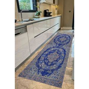 Tapis imprimé : design moderne, tons bleus, motifs orientaux persans, format couloir, avec poils doux - Product Image 4