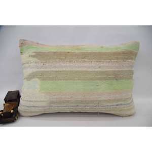 Subtle Beige Striped Wool Patchwork Kantha 16x24 Inch Woven Decorative <b>Pillow</b> with Vintage Pattern - Product Image 1