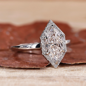 Bague de fiançailles simple en diamant taille marquise néerlandaise avec halo et forme hexagonale, 1 à 2 carats, diamant de laboratoire FVS - Product Image 1