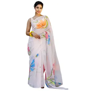 Hot Selling Wedding and Festival Wear Hand Painted Kota Doria Silk Baby Pink Saree From Indian Supplier at Wholesale Price