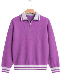 Manufacturer <b>Mens</b> Quarter Zip Knit Sweater Purple Solid Textured Knit Contrast Rib Hem Warm Winter Casual Pullover OEM Custom - Product Image 1