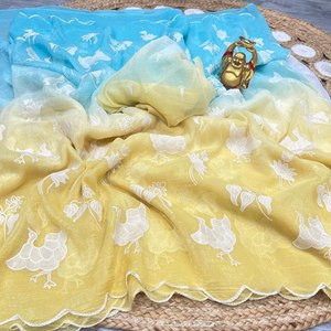 Seda crujiente de doble sombra de diseñador indio con hermoso trabajo de bordado para ropa de boda y ropa de fiesta Saree - Product Image 1