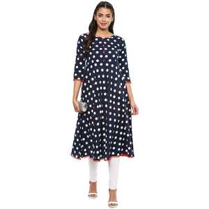 Servicio ODM personalizado Kurta acampanado de rayón azul oscuro para fiesta de día hasta la rodilla vestido informal con cuello cuadrado con estampado de lunares - Product Image 4