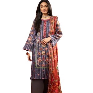 Haute qualité été pakistanais femmes élégantes coton/pelouse costumes robe à col en V avec grande taille caractéristique coton imprimé - Product Image 1