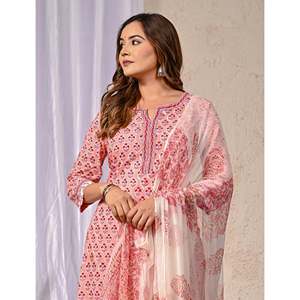 ชุดคุรตะผ้าฝ้ายพิมพ์ลายพีชพร้อมเสื้อชีฟองแขนสามส่วนสำหรับใส่ในชีวิตประจำวัน - Product Image 1