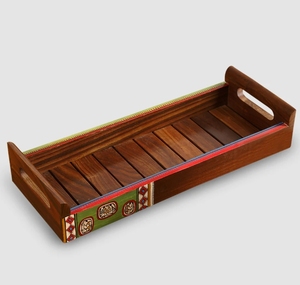 Peintures & Planches Warli Plateau peint à la main en bois de Sesham Plateau de service décoratif rond en bois Farmhouse & Vintage Centerpiece - Product Image 3