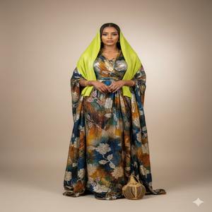 Vêtement traditionnel somalien simplement magnifique, tissu Fransawi Dirac, jacquard tissé, uni, teinture tie-dye, paillettes argentées, motif floral - Product Image 1