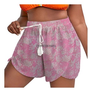 Pantalones cortos elásticos de cintura elástica para mujer, pantalones cortos holgados con cordón en la cintura, estilo moderno, tela lavada para fitness, temporada de verano - Product Image 6