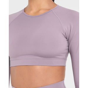 Top corto de manga larga con grapas morado malva único para mujer, camisetas cortas de entrenamiento de fitness suaves y ligeras elásticas de 4 vías para mujer - Product Image 3