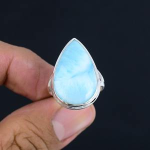 Anillo de promesa de Plata de Ley 925 de estilo bohemio de la mejor calidad hecho a mano con piedras preciosas Larimar y diamantes de corte de pera para fiestas - Product Image 3