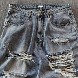 กางเกงยีนส์ผู้ชายแนวสตรีทแบบวินเทจผ้าเดนิมแบบขาบานแบบมีรอยขาดเอวสูง - Product Image 2