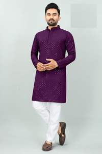 Ropa de Festival tradicional para hombres Rayon Chikan Work Kurta con conjunto de pijama de algodón por exportación en India - Product Image 3