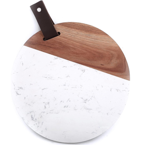 Planche à découper ronde en marbre et bois avec poignée en cuir, planches à découper en marbre et bois d'acacia, planche à charcuterie - Product Image 1