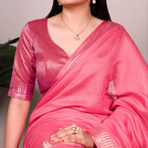 Sari de Diseñador para Mujer |   Sari de Color Sólido con Borde de Zari, Estilo Étnico Indio para Fiestas - Product Image 1