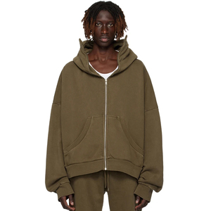 Sweat à capuche en molleton de coton biologique 510 g/m², lavé à l'enzyme, à épaules tombantes, tendance, noir, fermeture éclair intégrale, durable - Product Image 1