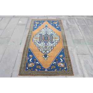 Tapis d'appoint vintage turc 3,2x5,8 pieds, tapis oriental bleu et marron - Product Image 1