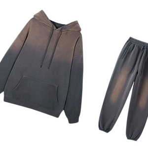 Brown <b>Grey</b> Acid Washed Hoodie Tracksuit <b>Men</b> Vintage Fleece Pullover <b>Sweatshirt</b> Jogger Pants Set Minimal Streetwear Winter Outfit - Product Image 4