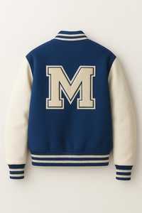 Chaqueta Varsity Azul Marino para Hombre con Mangas de Cuero Crema, Logotipo M Bordado, Cuello Camisero, Estilo Preppy, Corte Regular - Product Image 6