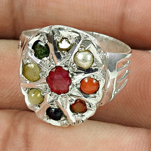925 <b>Solid</b> <b>Silver</b> Exclusive Design Multi Stone Navratna Rings Fine Birthstone Jewelry Fashionable Hand Crafted <b>Silver</b> Rings Bulk - Product Image 1