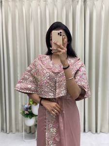 ชุดผ้าไหมสำหรับงานปาร์ตี้ฤดูร้อนสไตล์ตะวันตกพร้อมกระดาษฟอยล์กางเกงเข้าคู่กันสำหรับอินเดียและปากีสถาน - Product Image 3