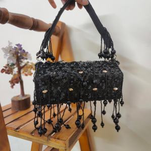 Zardozi Inspired Flap Clutch with Beads Embroidery Pearl Work Suede Lady Bridal Party Sling <b>Bag</b> From India - Product Image 1