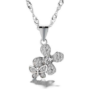 Collana con Ciondolo in Argento Sterling, Farfalla e Fiore in Cristallo Autentico, Placcato in Rodio con Zirconi, Trendy per Matrimoni e Fidanzamenti - Product Image 1